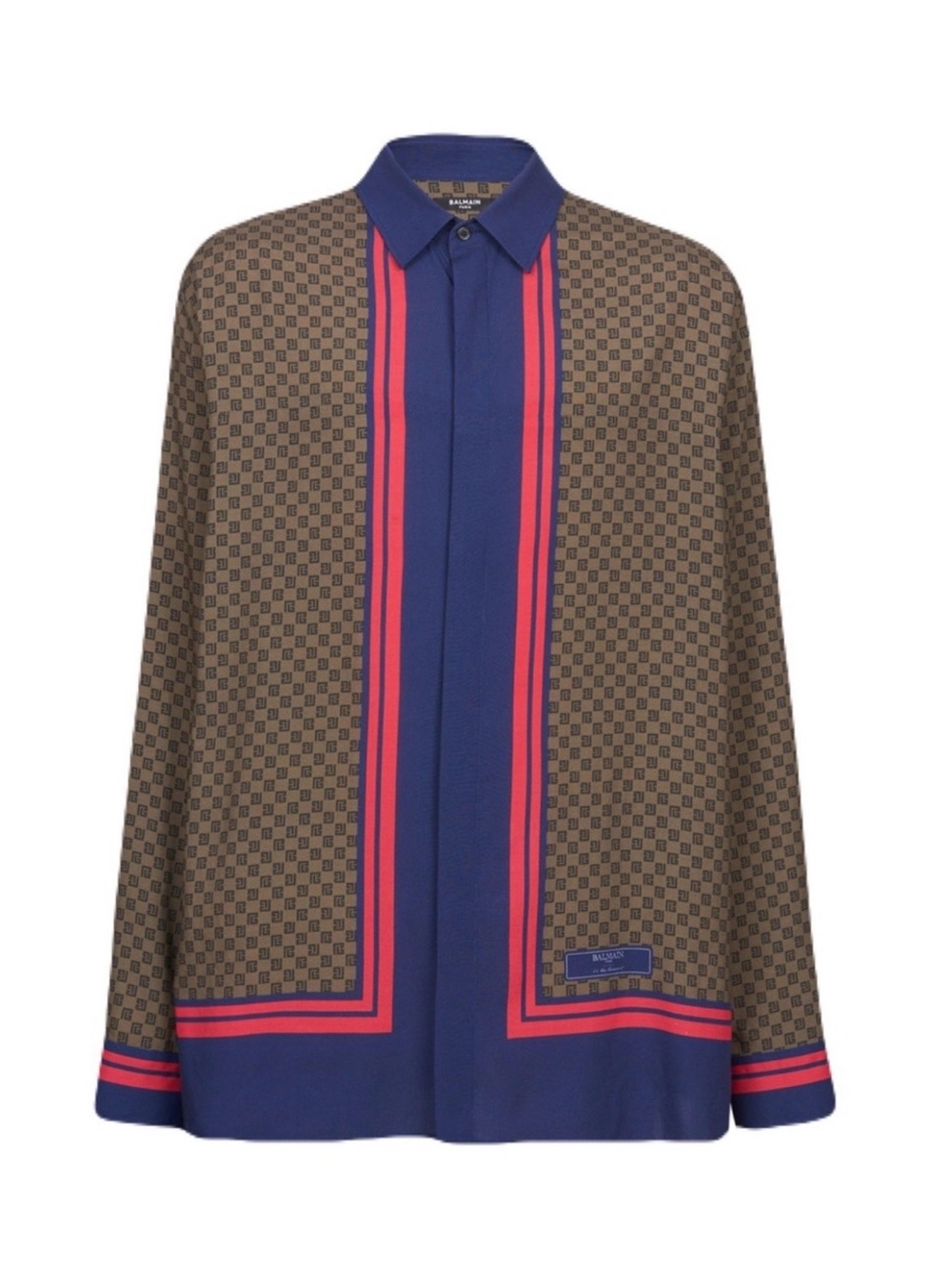 Balmain Brown Monogram Shirt with Blue Center and Red Stripes